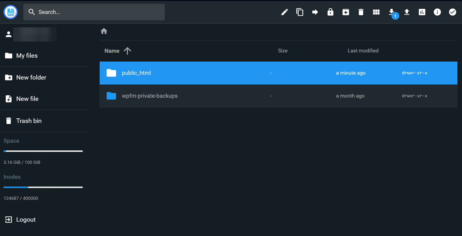The top-level web folder with wp-admin, wp-content, and other folders visible