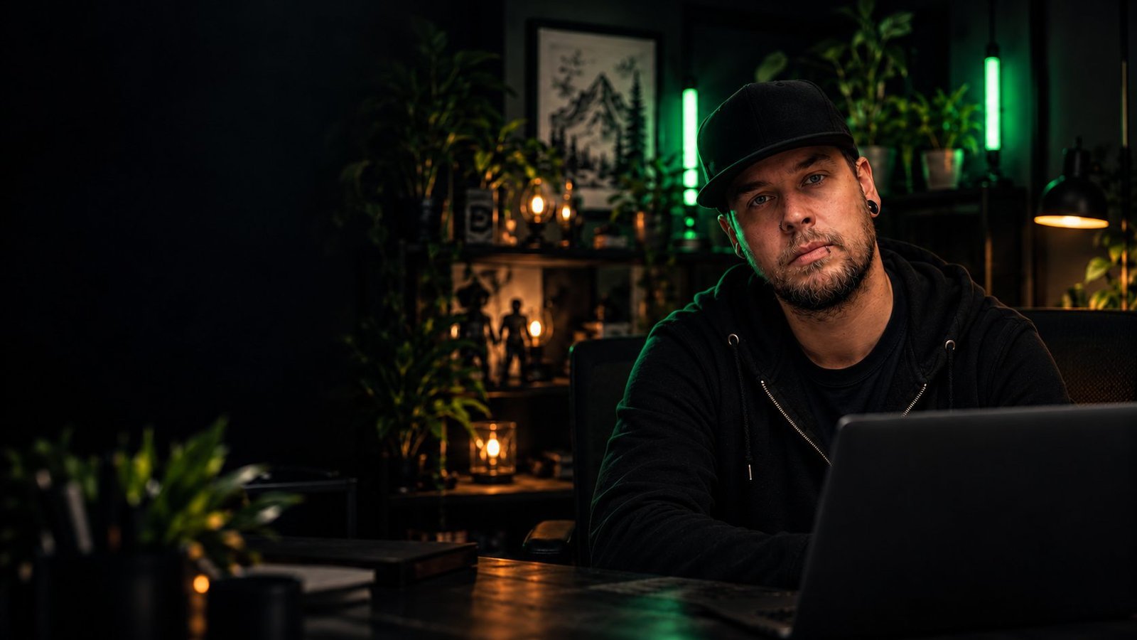 Justin at his desk, lit by green studio lights